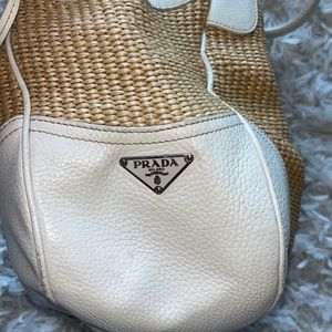 Authentic Prada bag hobo shoulder rattan straw buckle leather